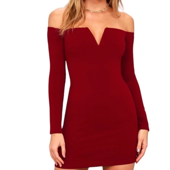 Lulus Over the Swoon Wine Red Off-the-Shoulder Bodycon Dress Sz S Women - Picture 1 of 10